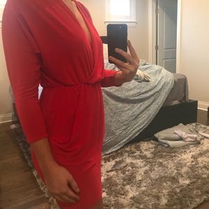 Red dress with cinch waist + pockets